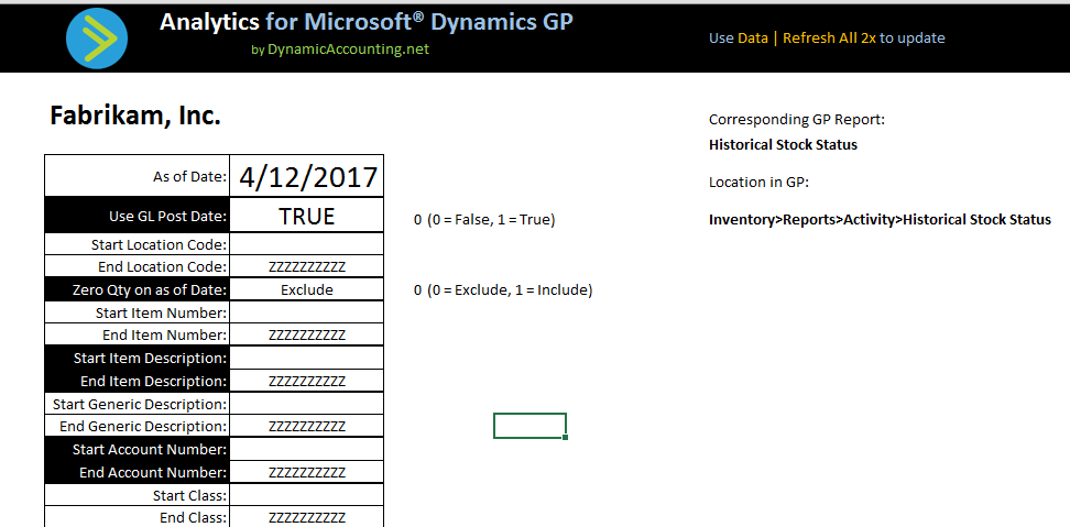 Historical Stock Status report parameters in Excel